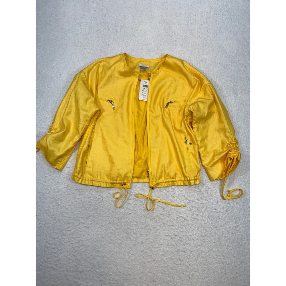 Cache Yellow Zip Up Jacket Womens XS Textured Gold Hardware Ruched Sleeve NWT